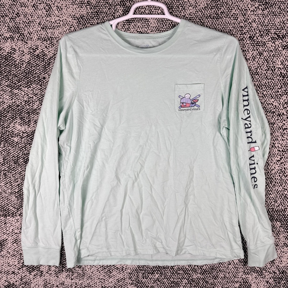 Vineyard Vines Long‎ Sleeve Pocket T Shirt Mens XL Cotton Light Green/Blue Ski